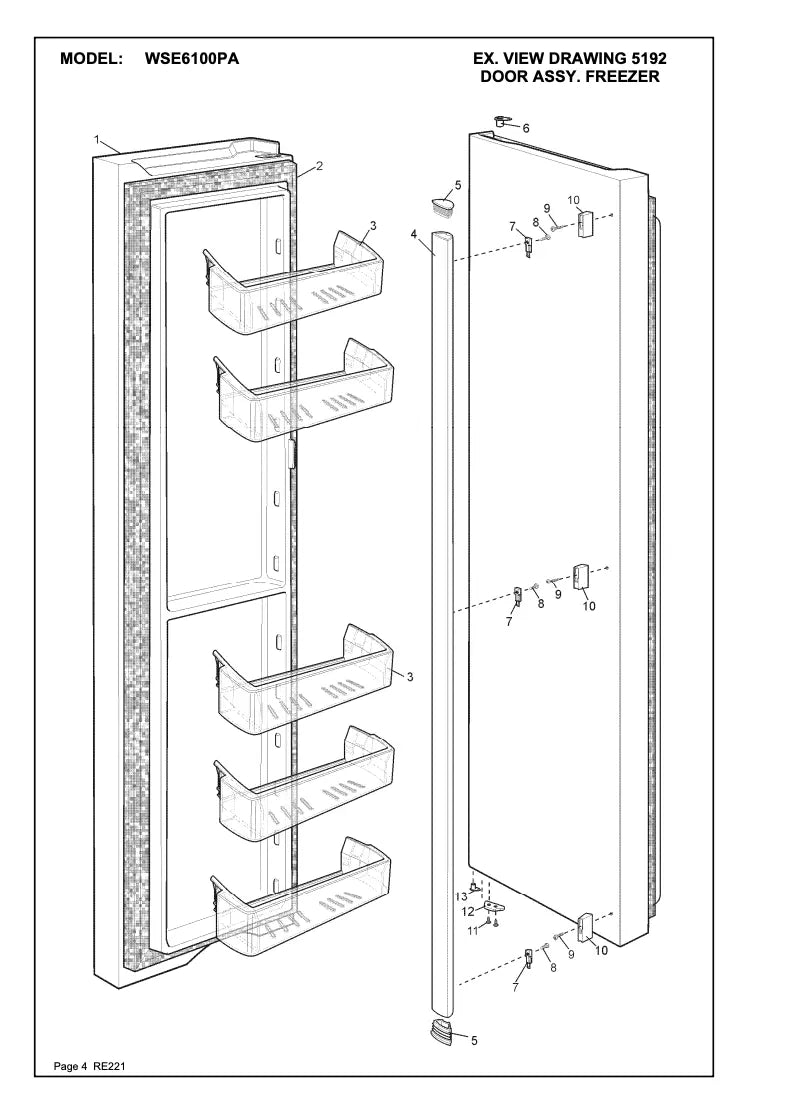 1450172 Westinghouse pacific silver fridge FREEZER DOOR FZR outer panel FIP foam assembly WSE6100PA WSE6100PB