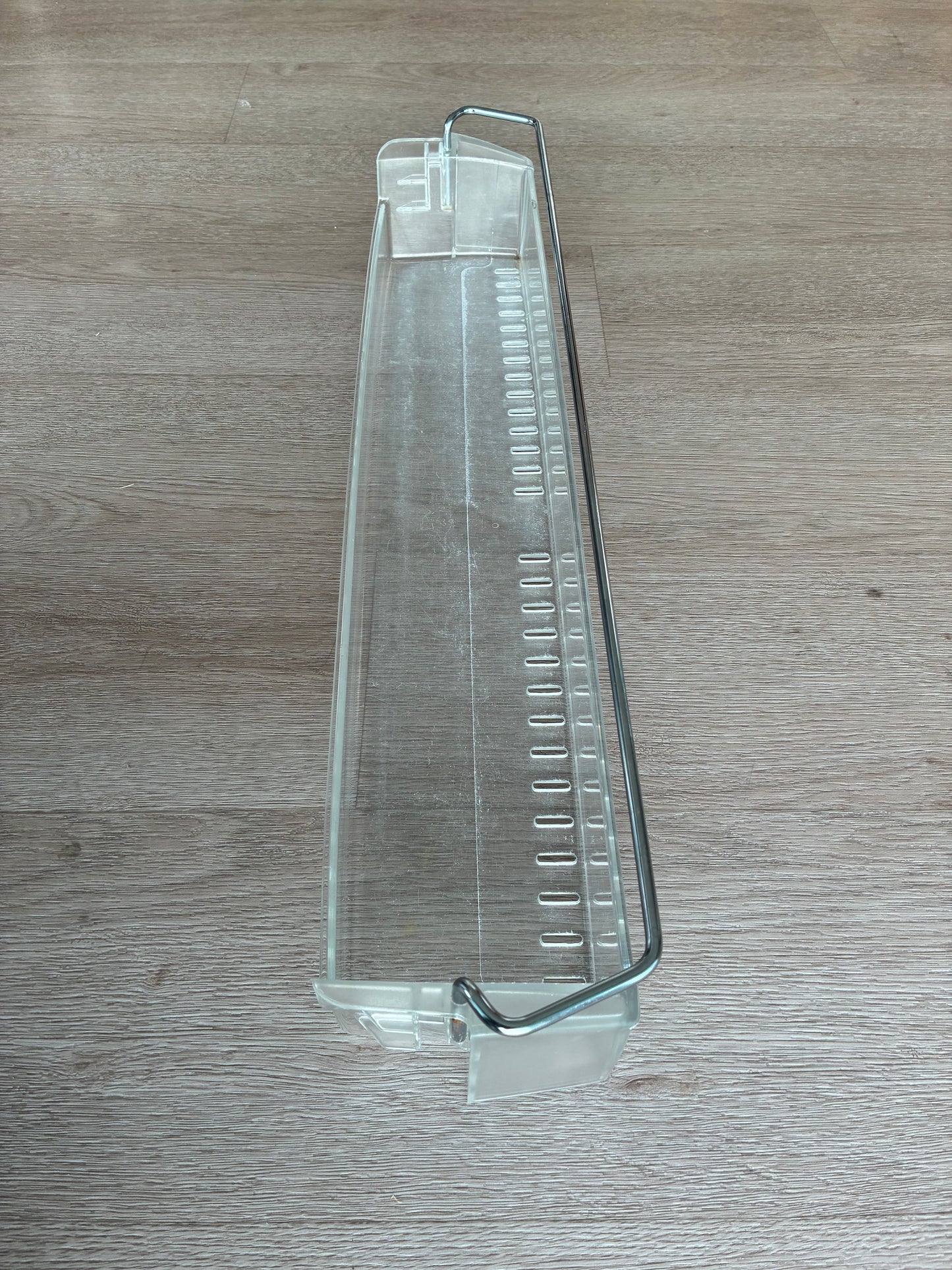 1441789 1448034 Electrolux fridge door full width bottle bin lower shelf bottom guard deep insert tray assembly assy + metal rail wire retainer